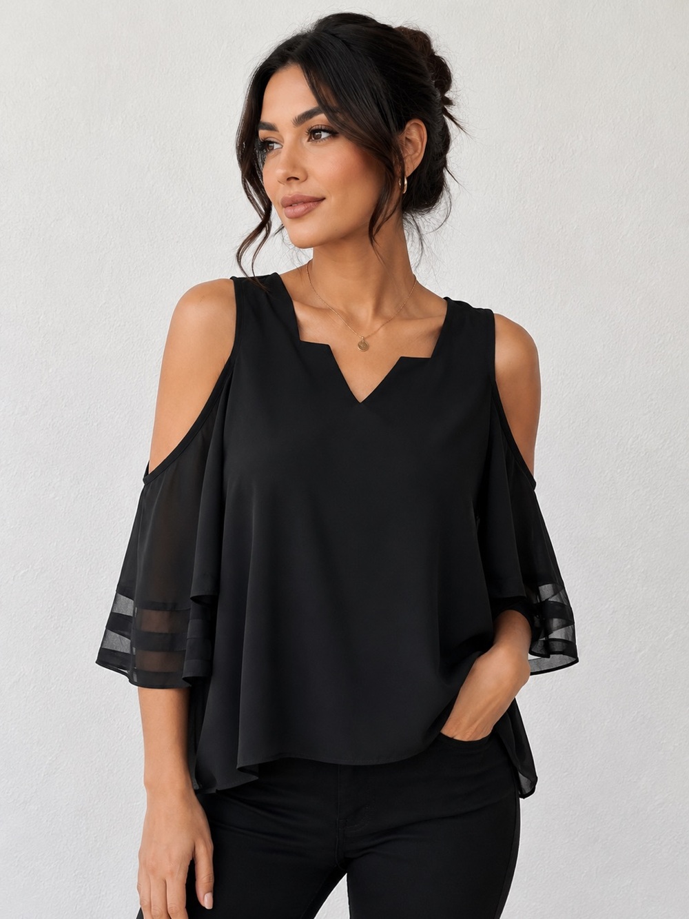 Black Cold-Shoulder Flutter Sleeve Blouse
